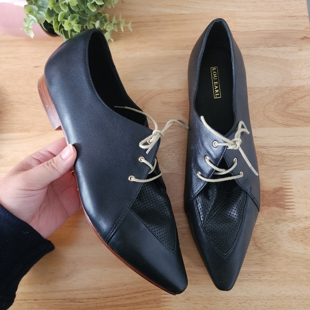 LOU.EARL Eleanor Spectators Italian Leather Black Pointed Toe Tie Oxfords 41